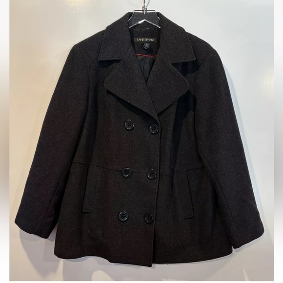 Lane‎ Bryant 18/20 Dark Charcoal Gray Wool Double-Breasted Hooded Pea Coat (BR) - Picture 1 of 4